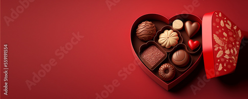 Heart shaped chocolate box . Valentine's day Red Banner. Copy Space. 14 February. Generative AI