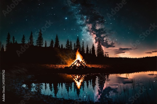a campfire in the middle of a forest with a night sky filled with stars and a shooting star above it, with a reflection in the water and a forest with a reflection in the foreground.