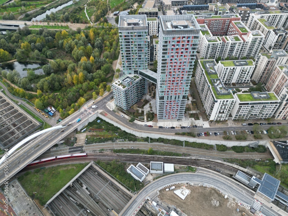 Φωτογραφία New Apartment buildings  Stratford London Queen Elizabeth Olympic Park UK drone