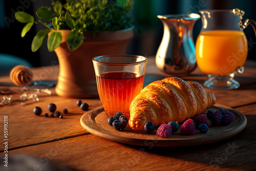 Cup of coffee and fresh croissan . French breakfast. photo