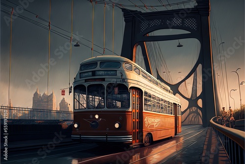 a painting of a bus on a bridge with a city in the background and a bridge with a sky line in the background and a few cars driving on the road below it, and a bridge with a.