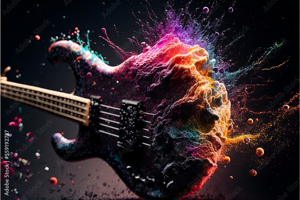 Bass guitar exploding with creative energy. Generative AI, this image is not based on any original image, character or person. - obrazy, fototapety, plakaty 