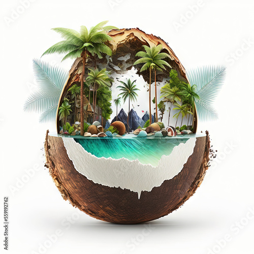 Summer and vacation concept. Half of coconut with beach chair and palm trees 3D Rendering, 3D Illustration