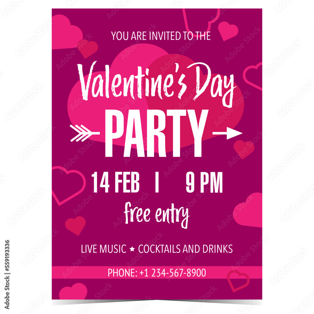 Valentine's Day party invitation for 14 February. Vector illustration for romantic party, surprise evening, love night celebration during the Feast of Saint Valentine. Ready to print.