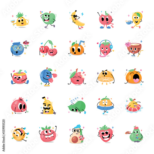 Happy Fruit Faces Flat Stickers   © Vectors Market