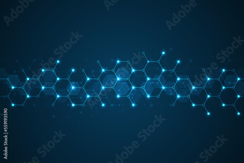 Fototapeta Naklejka Na Ścianę i Meble -  Hexagons pattern on blue background. Genetic research, molecular structure. Chemical engineering. Concept of innovation technology. Used for design healthcare, science and medicine background