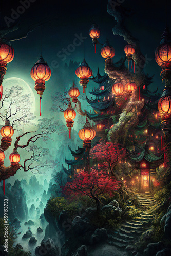 Wonderful fantasy landscape with traditional chinese houses in the mountains and orange glowing chinese lanterns, Chinese Lantern Festival, twilight, Generative AI