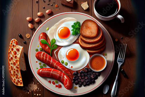 Full fry up English helahty breakfast with fried eggs photo