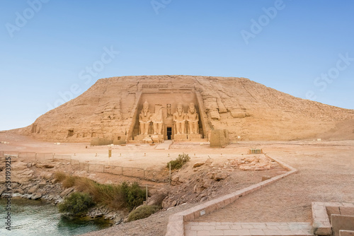 Abu Simbel, Egypt; January 7, 2023 - The two massive rock-cut temples of Abu Simbel are situated on the western bank of LakeNasser, about 230 km southwest of Aswan near the border with Sudan. photo