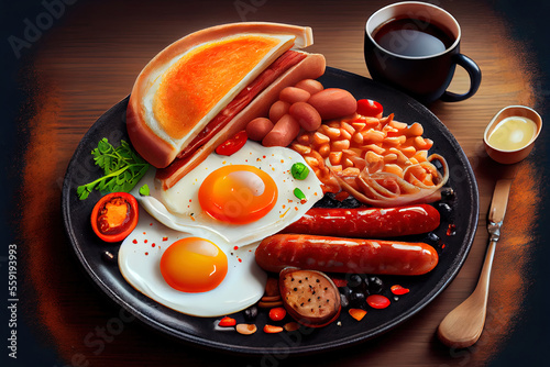 Full fry up English helahty breakfast with fried eggs photo