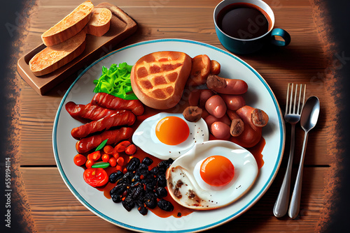 Natural Full fry up English helahty breakfast with fried eggs photo