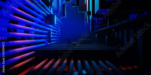 gaming background abstract wallpaper, cyberpunk style scifi game, neon glow of stage scene in pedestal display room, 3d illustration rendering, esports team concept