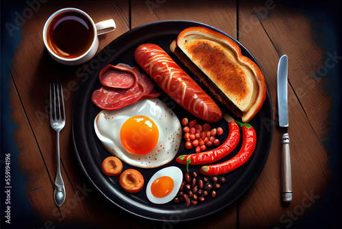 Natural Full fry up English helahty breakfast with fried eggs photo