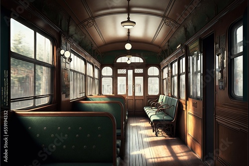 a train car with a bench and windows on the side of it and a light fixture hanging from the ceiling above the seats and a window with a light on the side of the train.