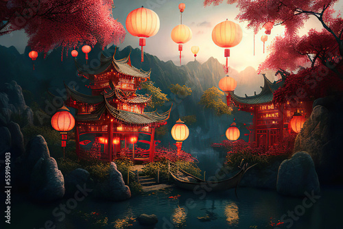Wonderful fantasy landscape with traditional chinese houses, orange glowing chinese lanterns, mountains and a lake, Chinese Lantern Festival, Generative AI