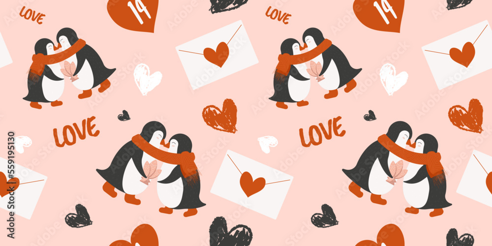 Cute penguins on the date, love hearts seamless pattern on Valentine's Day for gift, wrapping paper, card. Typography art, love letter, 14 February