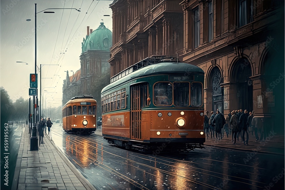 two trolleys are traveling down a rainy street in the rain, with people walking on the sidewalk nearby and a building with a clock on the corner of the corner of the street is.