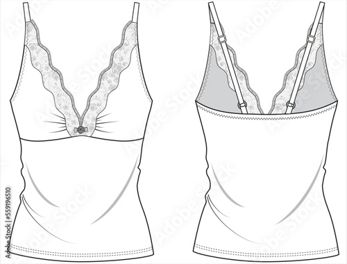 CAMI,NIGHTWEAR TOP WITH LACE DETAIL AND ADJUSTABLE STRAP IN EDITABLE VECTOR FILE