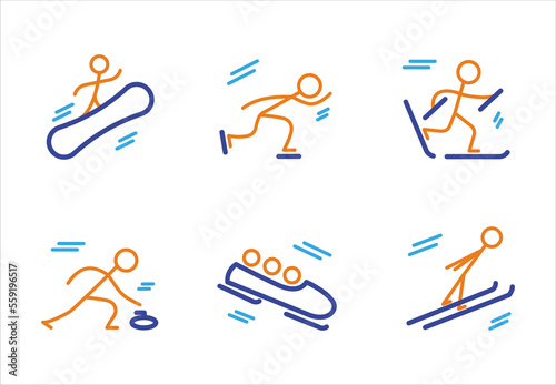 Winter sport icons. Snowboarding skating skiing bobsleigh ski jumping curling. Vector illustration