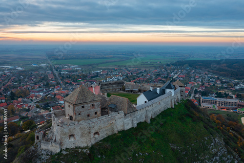Aerial view about castle of Sumeg at dusk.