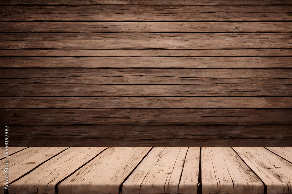 WOODEN TABLE WITH WOODEN WALL BACKGROUND FOR PRODUCT SHOWCASE- Generative AI technology WOODEN TABLE WITH WOODEN WALL BACKGROUND FOR PRODUCT SHOWCASE- Generative AI technology