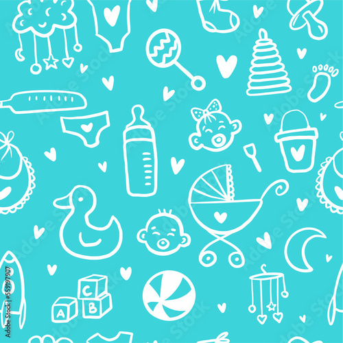 Vector pattern with elements for newborns, hand-drawn in the style of a doodle