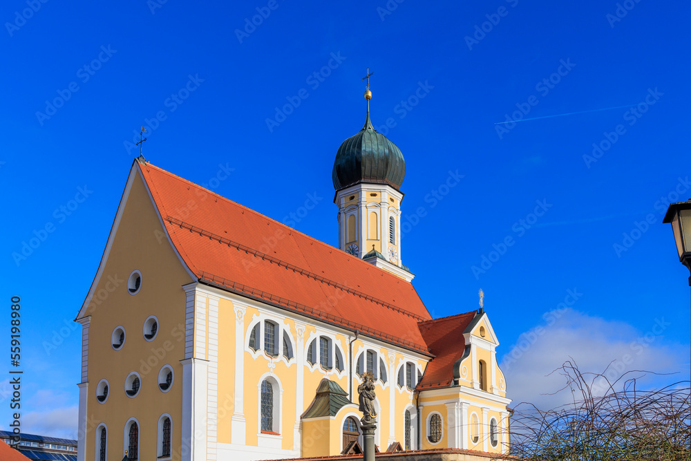 Baroque church St. Stefan in Geltendorf in Bavaria with blue sky
