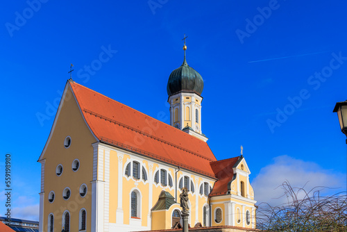 Baroque church St. Stefan in Geltendorf in Bavaria with blue sky