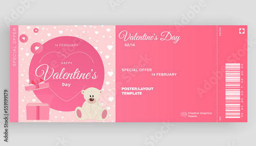 Valentine's Day ticket template. Love ticket with cute romantic design elements. Ideal for web, event invitation, discount voucher, advertising. Vector