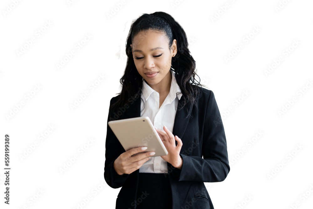 A beautiful woman smiling writes a message in a tablet in a white shirt, transparent background. A beautiful woman smiling writes a message in a tablet in a white shirt, transparent background.
