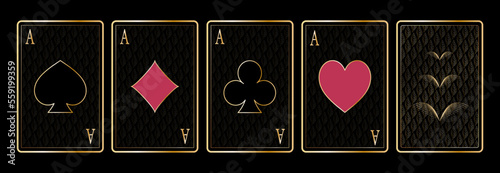 Four aces Set of playing card suits and back design Golden gradient color on black background Art deco style Isolated vector illustration