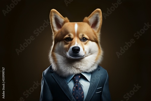 Fluffy antophomorphic corgi puppy in suit , bussinesman  photo