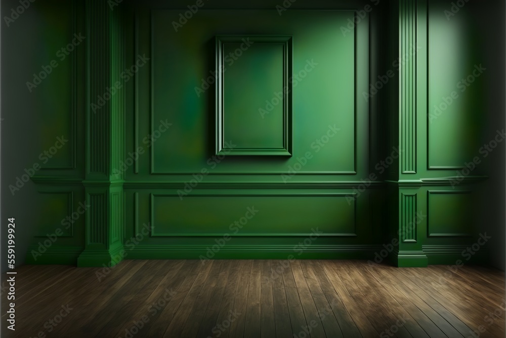 Victorian classic green empty interior with wall panels and wooden floor, illustration mock-up Victorian classic green empty interior with wall panels and wooden floor, illustration mock-up