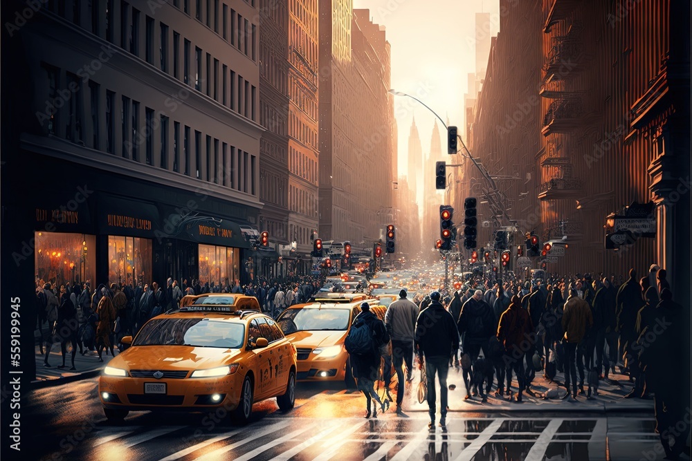 a painting of a busy city street with people crossing the street at ...