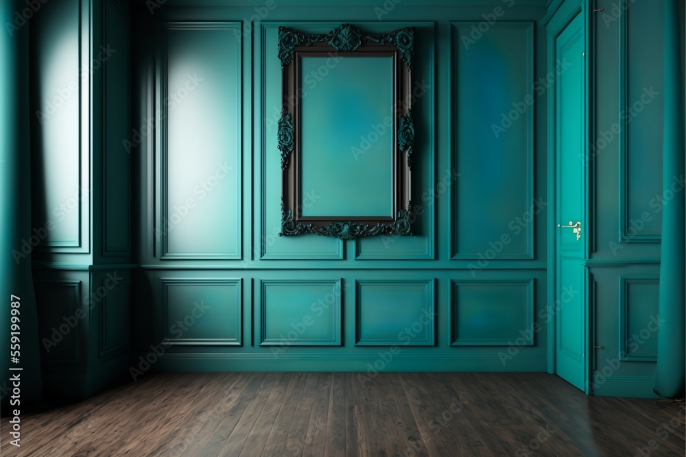 Modern classic turquoise empty interior with wall panels and wooden floor, illustration mock-up