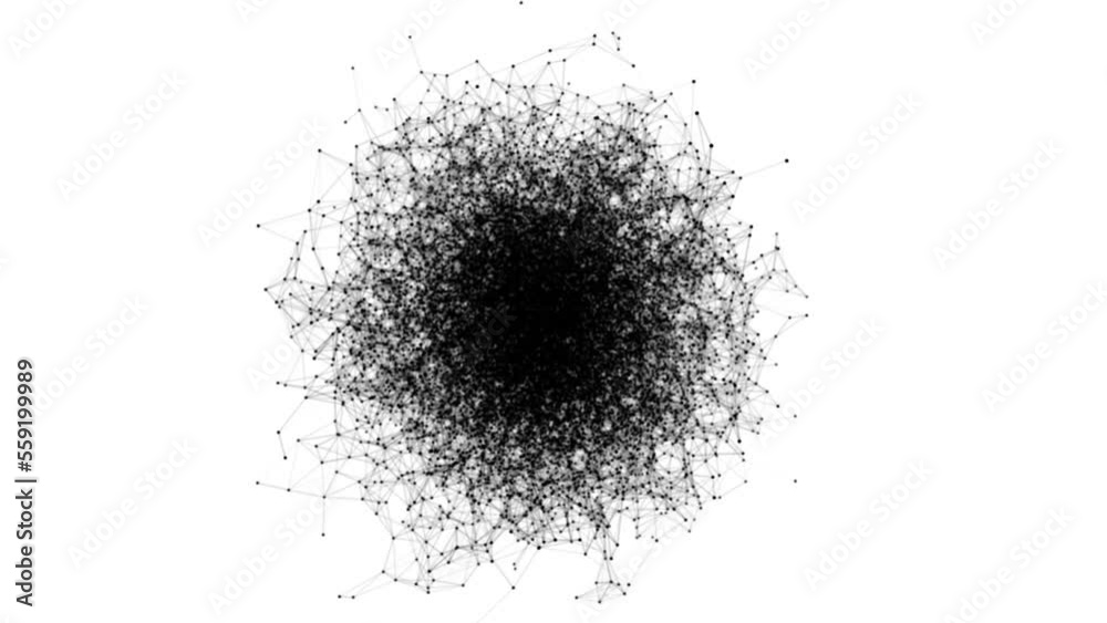 A sphere of black dots connected by 4k resembling a swarm of bees. Motion design motion graphics black plexus. White background