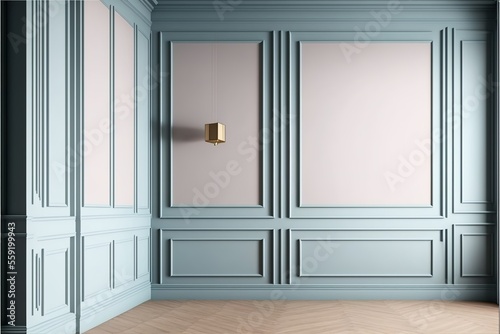 Modern classic pastel empty interior with wall panels and wooden floor  illustration mock-up