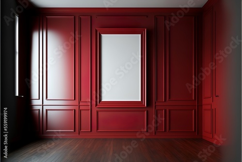 Victorian classic red empty interior with wall panels and wooden floor  illustration mock-up