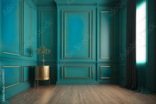 Victorian classic turquoise empty interior with wall panels and wooden floor, illustration mock-up