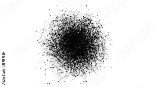 A sphere of black dots connected by 4k resembling a swarm of bees. Motion design motion graphics black plexus. White background