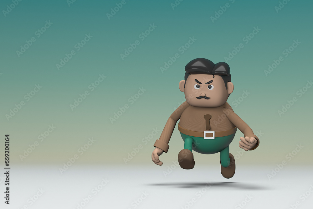 The man with mustache wearing a brown long shirt green pants. He is running. 3d rendering of cartoon character in acting. The man with mustache wearing a brown long shirt green pants. He is running. 3d rendering of cartoon character in acting.