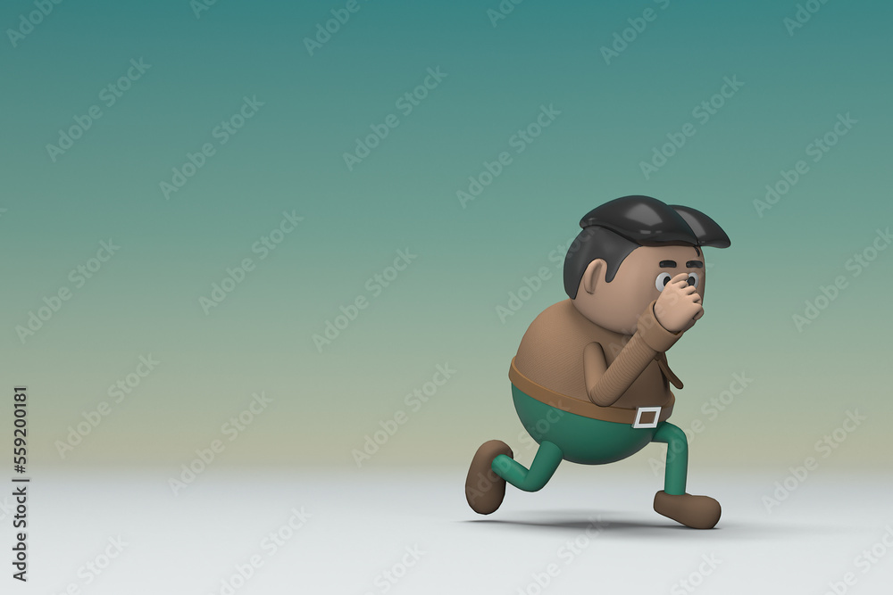 The man with mustache wearing a brown long shirt green pants. He is running. 3d rendering of cartoon character in acting. The man with mustache wearing a brown long shirt green pants. He is running. 3d rendering of cartoon character in acting.