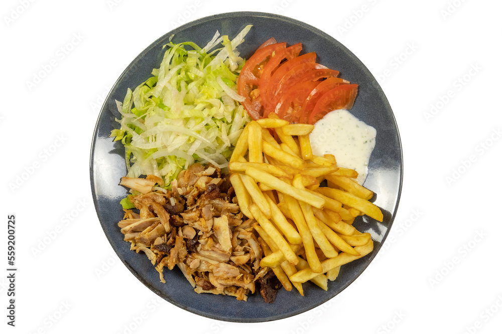 assiette de kebab et frites en gros plan, isolé sur un fond blanc assiette de kebab et frites en gros plan, isolé sur un fond blanc