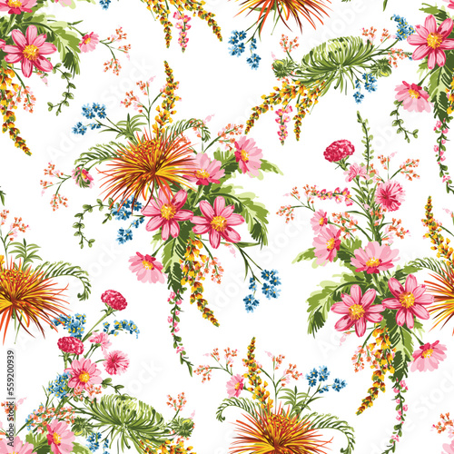 Trendy Hand drawn Wild Meadow florals , Flower bouquet illustration Seamless Pattern Vector