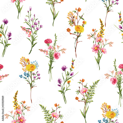 Trendy Hand drawn Wild Meadow florals , Flower bouquet illustration Seamless Pattern Vector