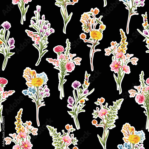 Trendy Hand drawn Wild Meadow florals , Flower bouquet illustration Seamless Pattern Vector