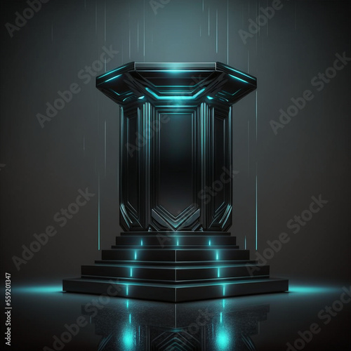 Futuristic dark podium with light and reflection photo