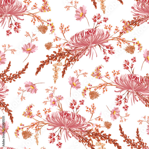 Trendy Hand drawn Wild Meadow florals , Flower bouquet illustration Seamless Pattern Vector