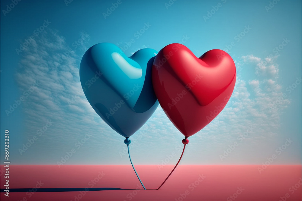 Valentines day. Two heart shape balloons flying on blue sky background. AI generative