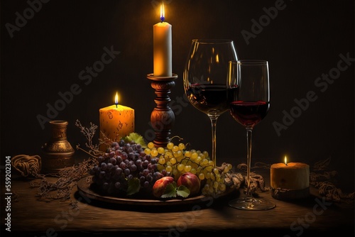 a plate of grapes, grapes, and candles on a table with a candlelight and a candle holder on it, and a candle lit candle in the middle of the picture is on the plate.